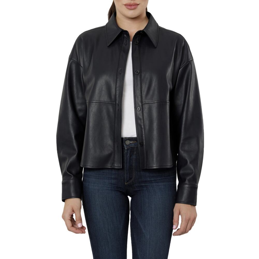 Dolce Cabo Vegan Leather Metallic Shirt Jacket in Dark Navy Size L